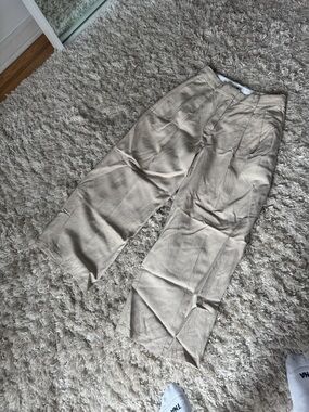 Aritzia Neutral Beige Wide-Leg Pleated Trousers